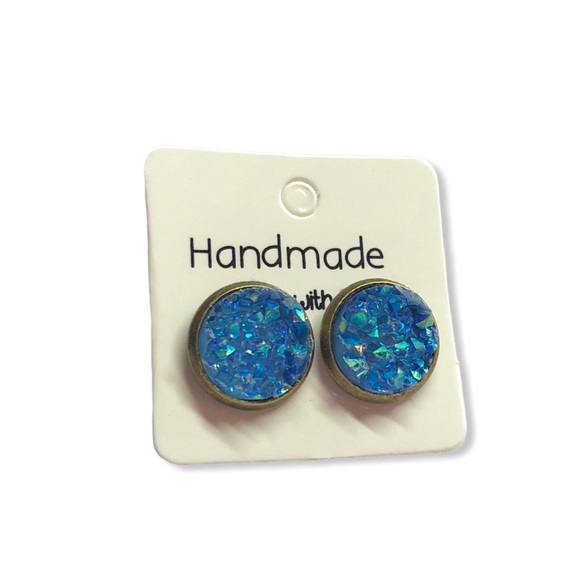 AB Blue Crystal Chunky Druzy Stud Earrings! - Picture 4 of 16